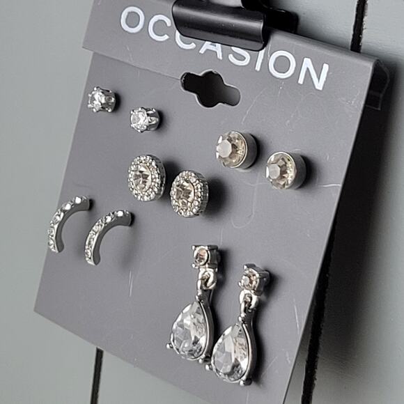 Multi-Set Earrings Clear Faux Crystal New on Card Rhinestone Dangle Hoop Studs - Picture 3 of 11